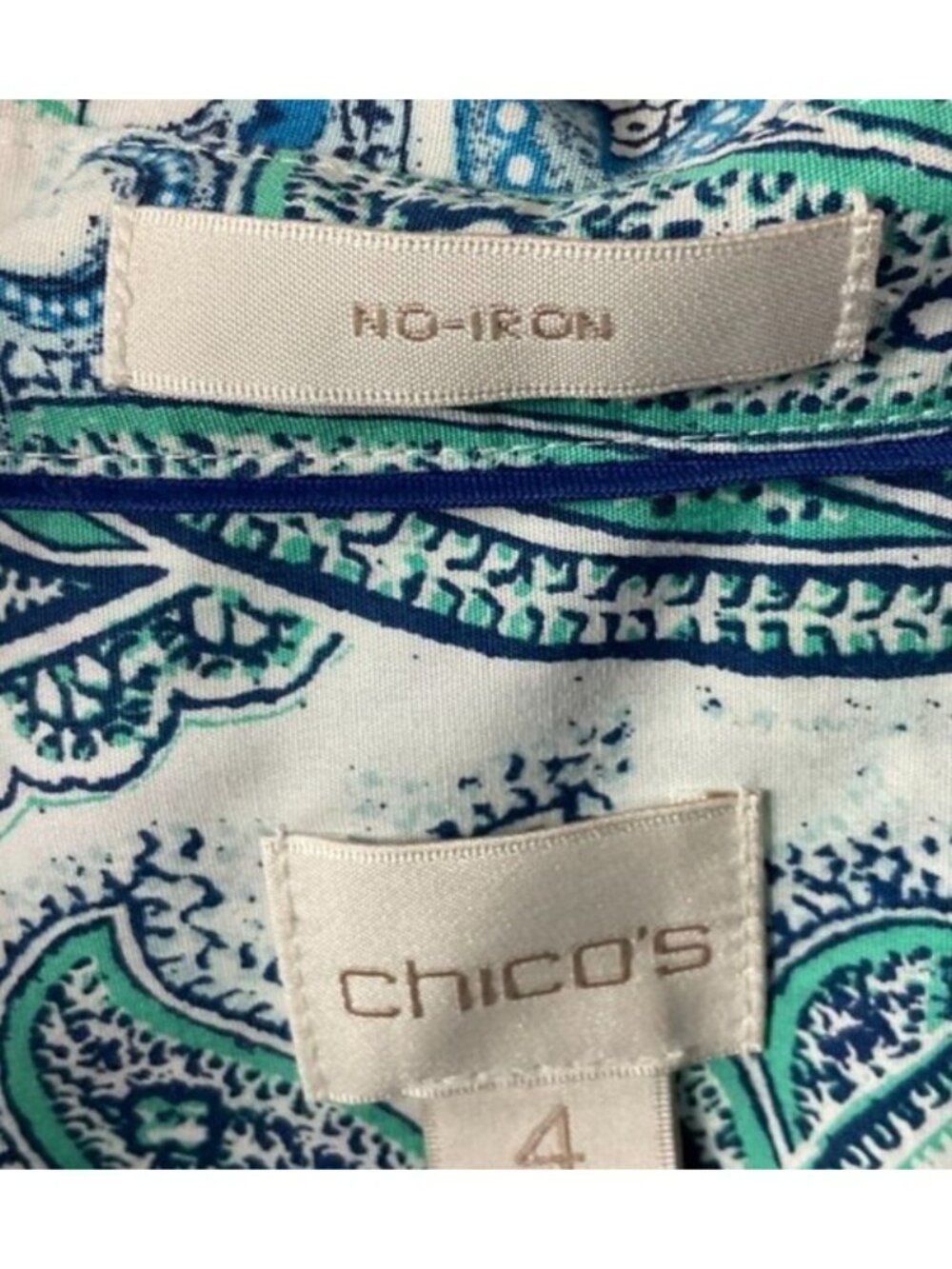 Chico's No-Iron Cotton Paisley Shirt Blue Green 3/4 Sleeve Size 4/20 - Picture 6 of 11